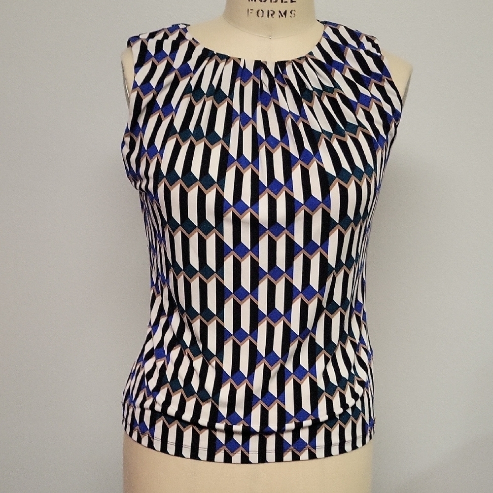Calvin Klein Geometric Sleeveless Blouse - Blue, Black, and White, Size M
